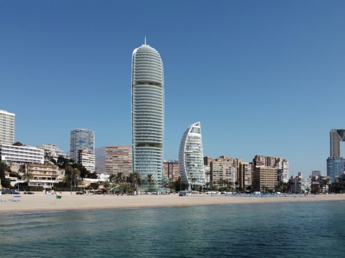 Gran Delfin beachfront residences and Benidorm skyline, architectural rendering